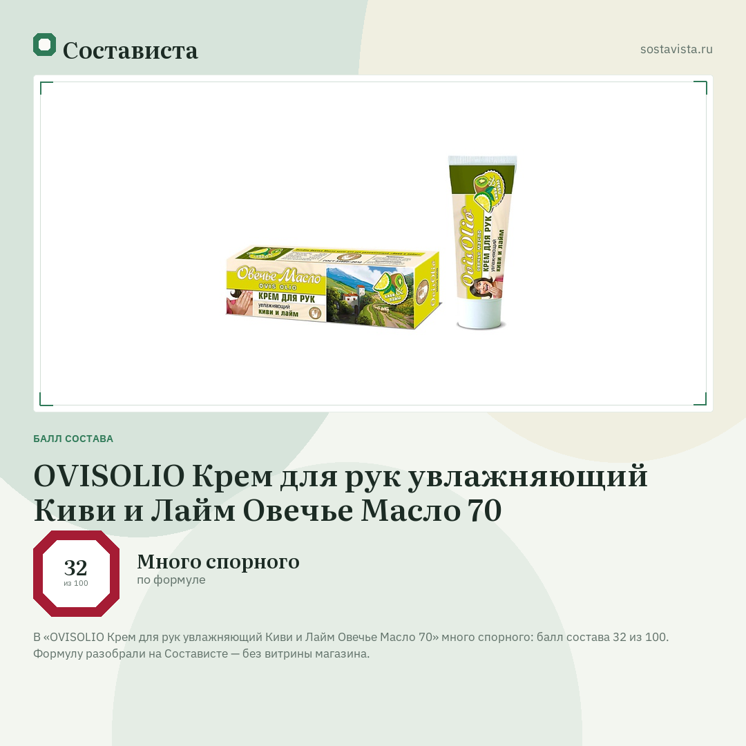 OVISOLIO Крем для рук увлажняющий Киви и Лайм Овечье Масло 70: балл состава 32 из 100 — Состависта
