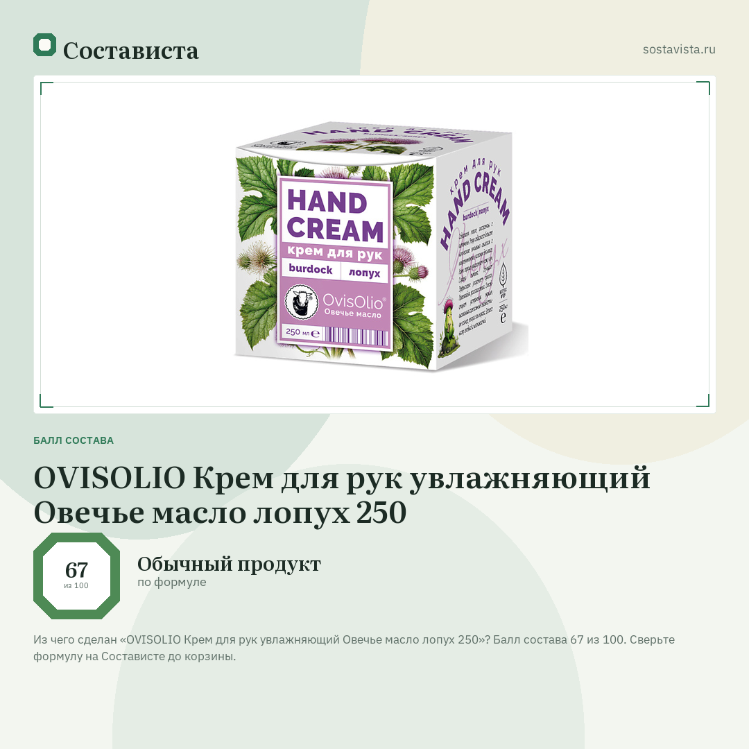 OVISOLIO Крем для рук увлажняющий Овечье масло лопух 250: балл состава 67 из 100 — Состависта