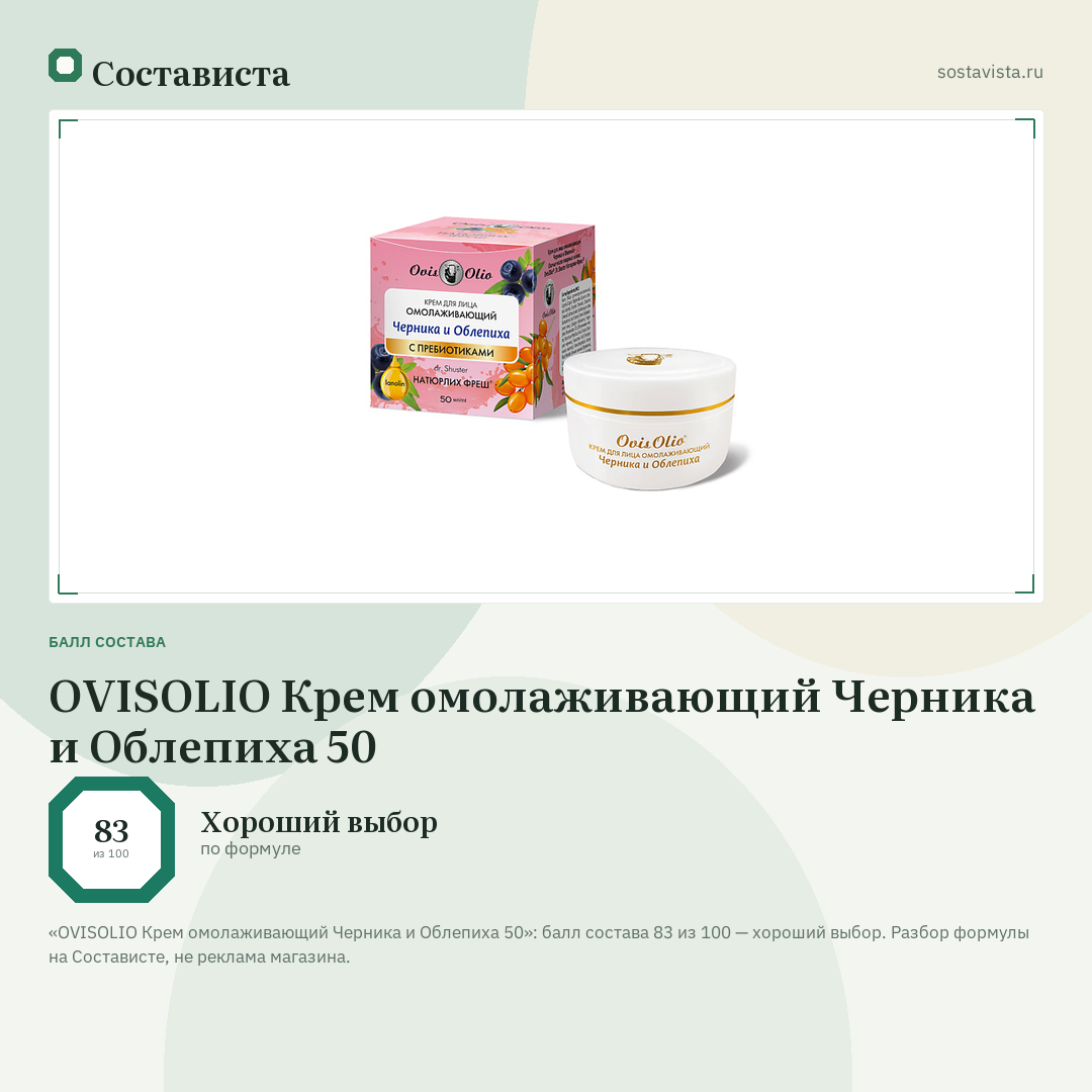 OVISOLIO Крем омолаживающий Черника и Облепиха 50: балл состава 83 из 100 — Состависта