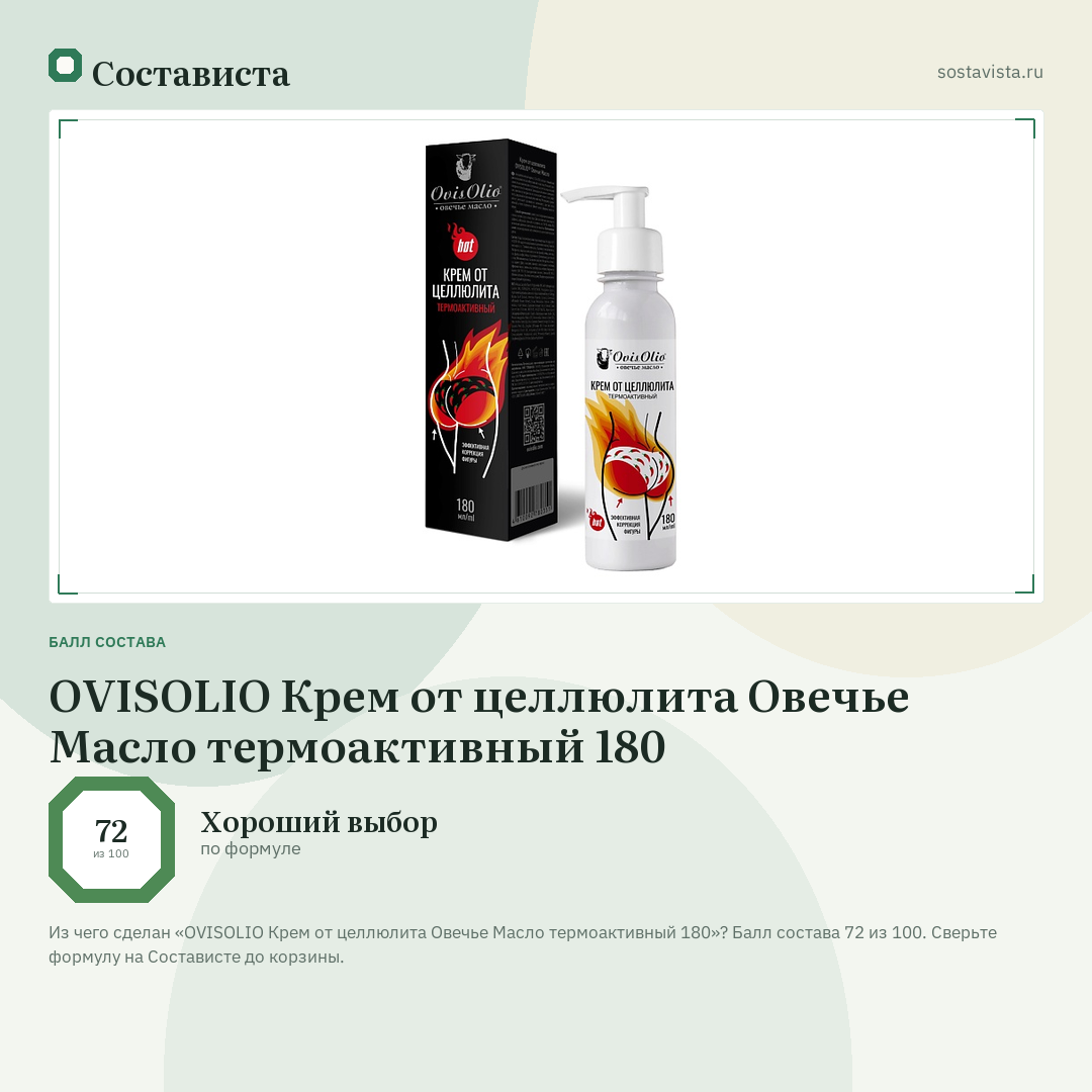 OVISOLIO Крем от целлюлита Овечье Масло термоактивный 180: балл состава 72 из 100 — Состависта
