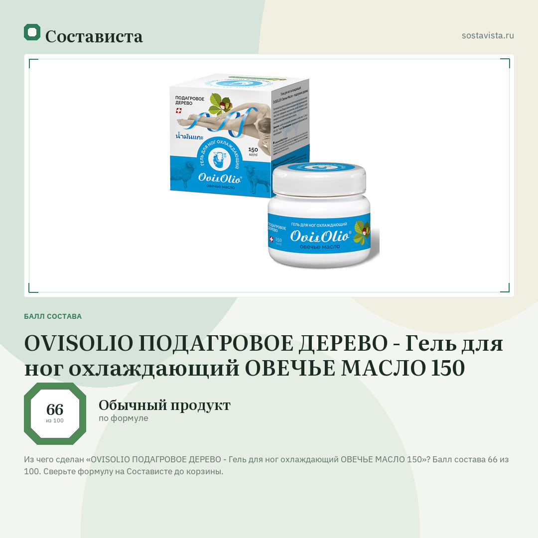 OVISOLIO ПОДАГРОВОЕ ДЕРЕВО - Гель для ног охлаждающий ОВЕЧЬЕ МАСЛО 150: балл состава 66 из 100 — Состависта