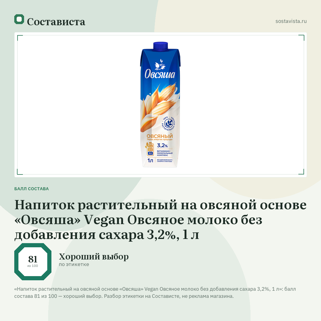 Напиток растительный на овсяной основе «Овсяша» Vegan Овсяное молоко без добавления сахара 3,2%, 1 л: балл состава 81 из 100 — Состависта