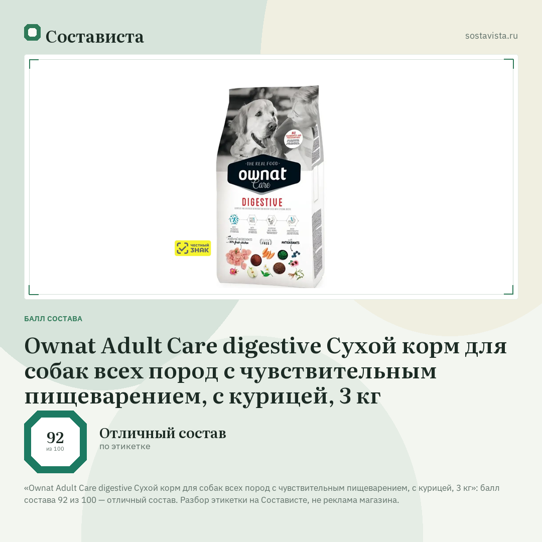 Ownat Adult Care digestive Сухой корм для собак всех пород с чувствительным пищеварением, с курицей, 3 кг: балл состава 92 из 100 — Состависта