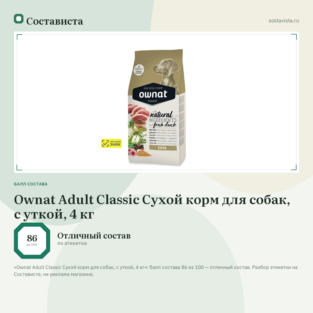 Ownat Adult Classic Сухой корм для собак, с уткой, 4 кг: балл состава 86 из 100 — Состависта