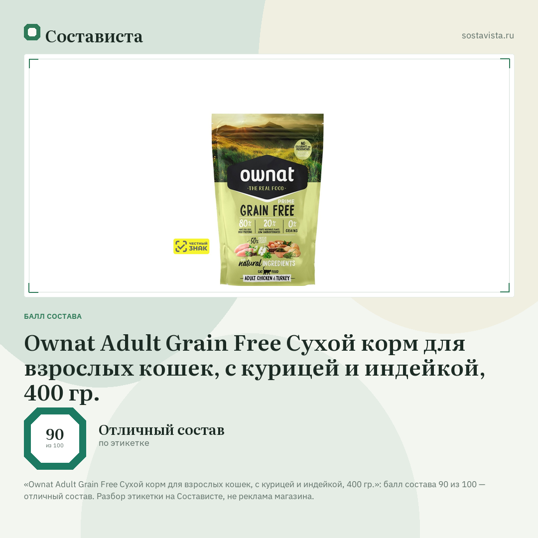 Ownat Adult Grain Free Сухой корм для взрослых кошек, с курицей и индейкой, 400 гр.: балл состава 90 из 100 — Состависта