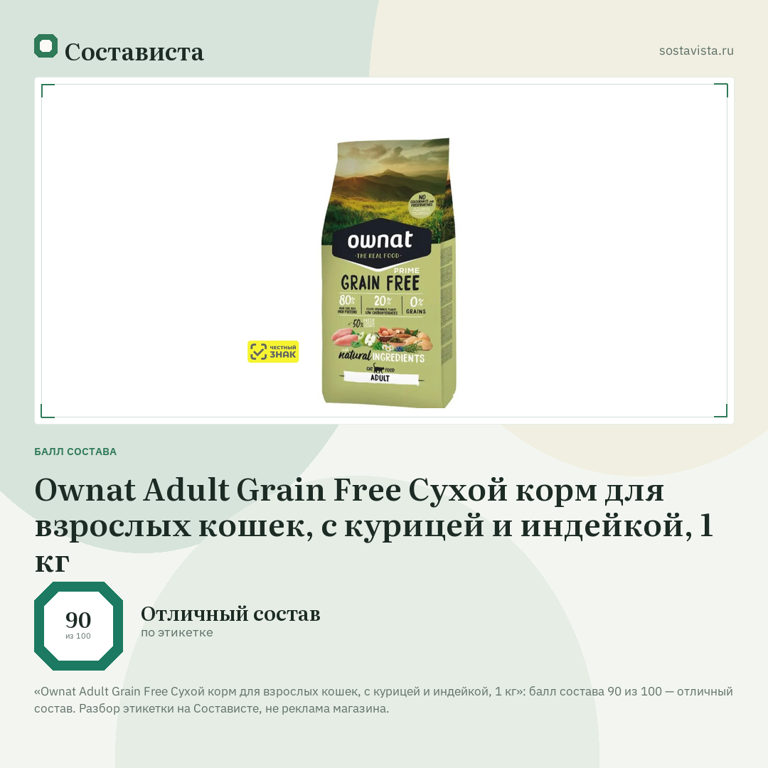 Ownat Adult Grain Free Сухой корм для взрослых кошек, с курицей и индейкой, 1 кг: балл состава 90 из 100 — Состависта