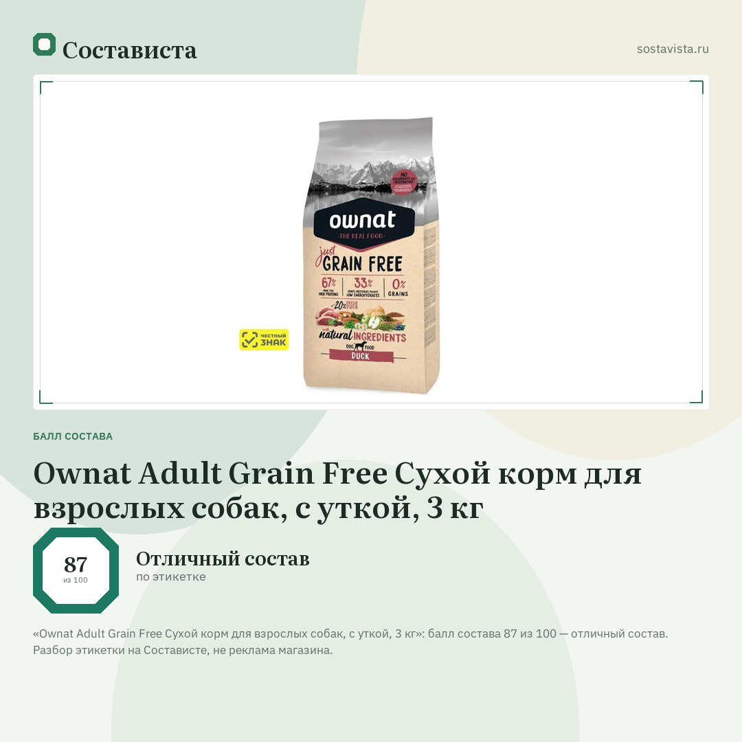 Ownat Adult Grain Free Сухой корм для взрослых собак, с уткой, 3 кг: балл состава 87 из 100 — Состависта
