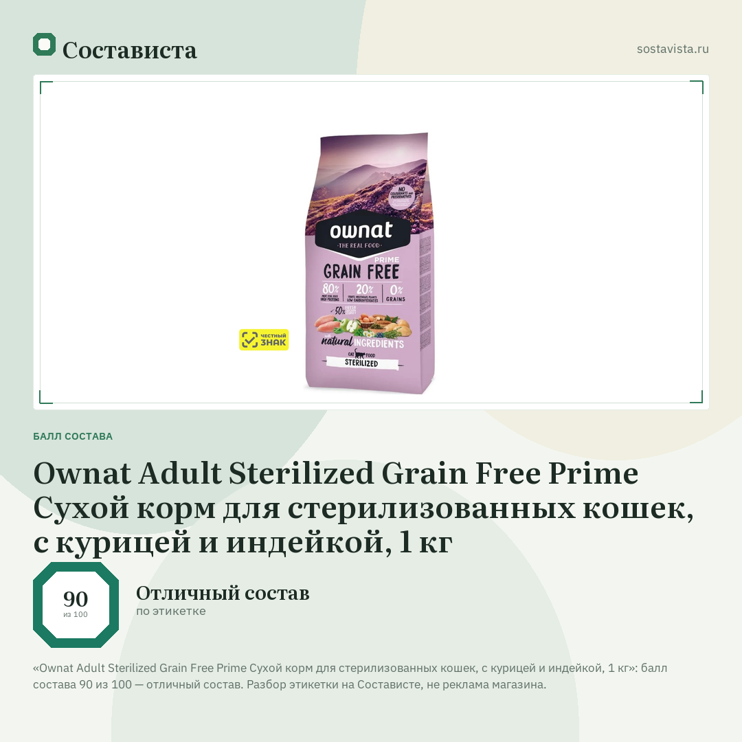 Ownat Adult Sterilized Grain Free Prime Сухой корм для стерилизованных кошек, с курицей и индейкой, 1 кг: балл состава 90 из 100 — Состависта
