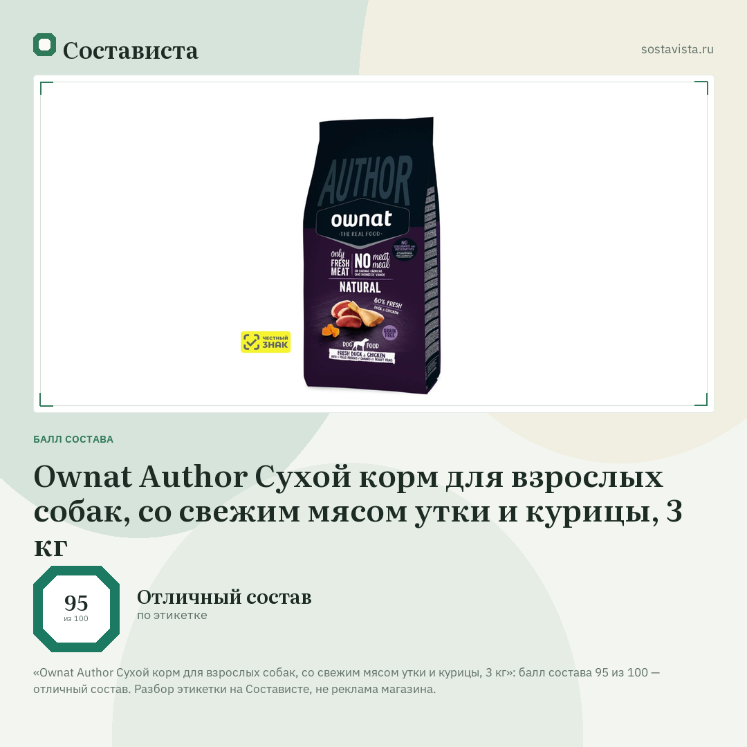 Ownat Author Сухой корм для взрослых собак, со свежим мясом утки и курицы, 3 кг: балл состава 95 из 100 — Состависта