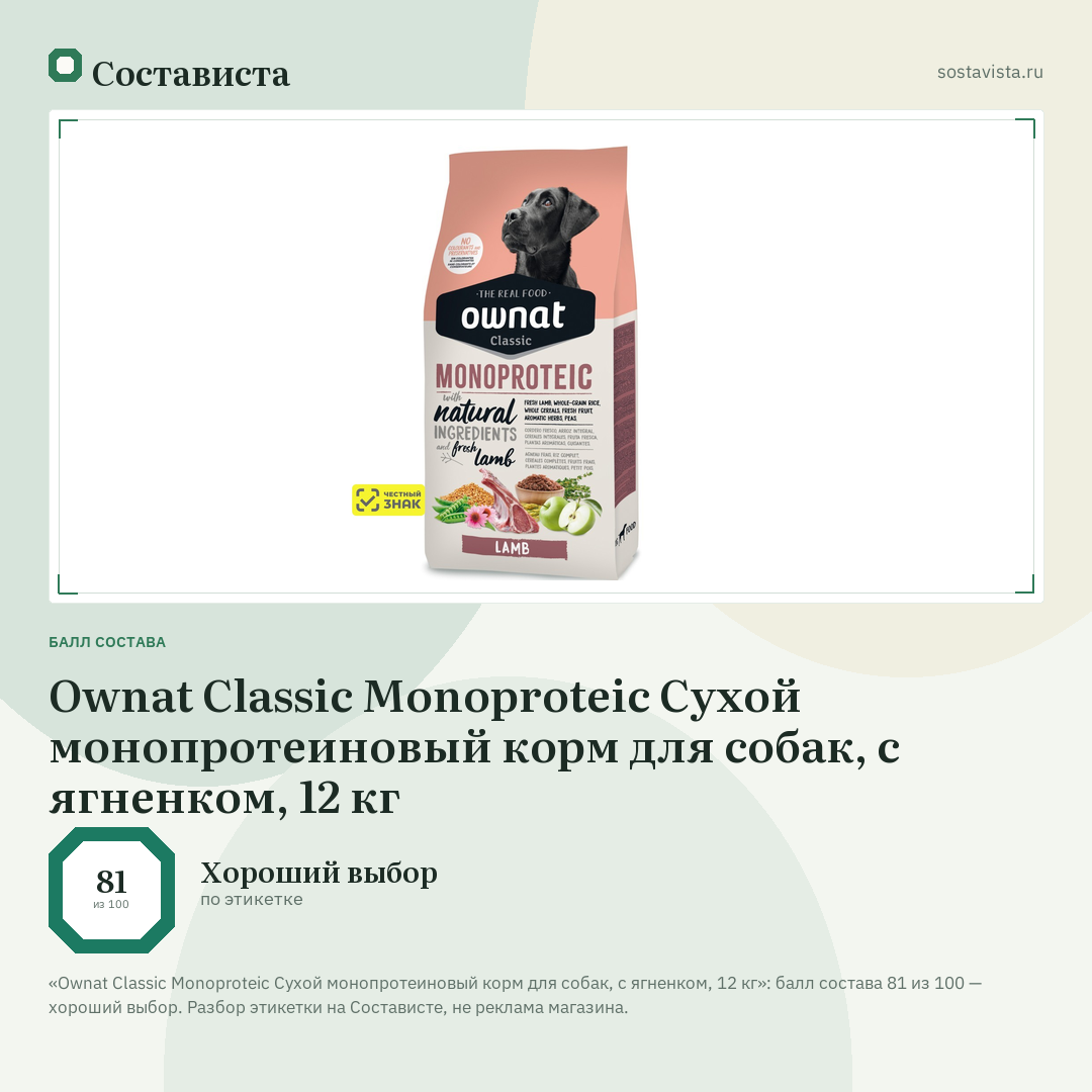 Ownat Classic Monoproteic Сухой монопротеиновый корм для собак, с ягненком, 12 кг: балл состава 81 из 100 — Состависта