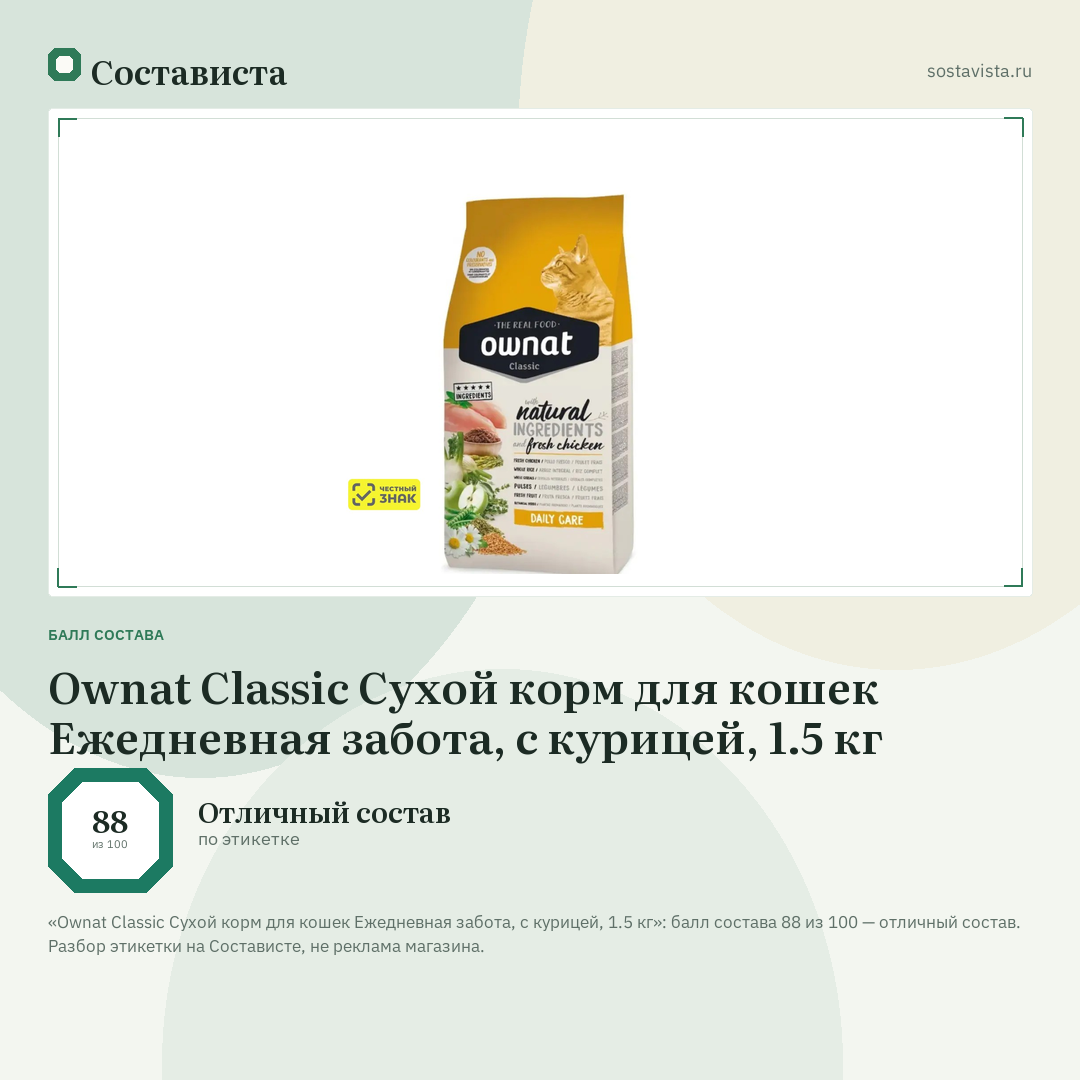 Ownat Classic Сухой корм для кошек Ежедневная забота, с курицей, 1.5 кг: балл состава 88 из 100 — Состависта