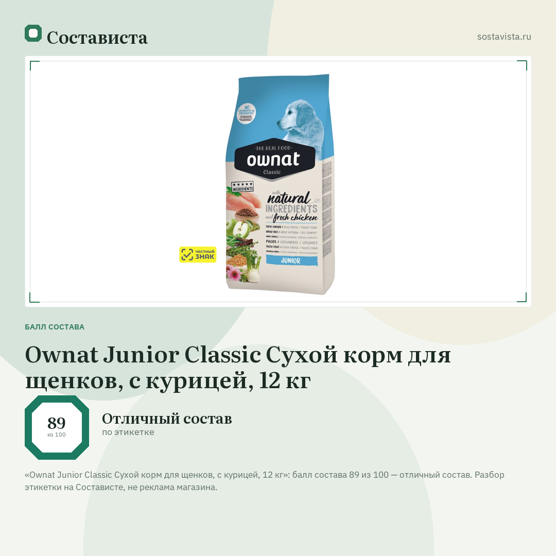 Ownat Junior Classic Сухой корм для щенков, с курицей, 12 кг: балл состава 89 из 100 — Состависта
