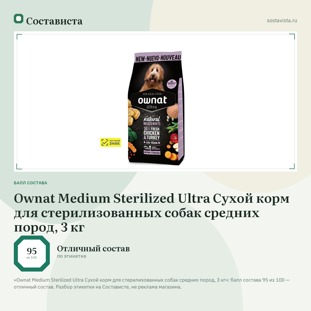 Ownat Medium Sterilized Ultra Сухой корм для стерилизованных собак средних пород, 3 кг: балл состава 95 из 100 — Состависта