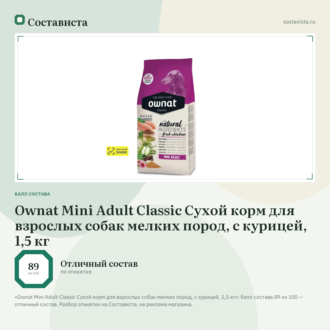 Ownat Mini Adult Classic Сухой корм для взрослых собак мелких пород, с курицей, 1,5 кг: балл состава 89 из 100 — Состависта