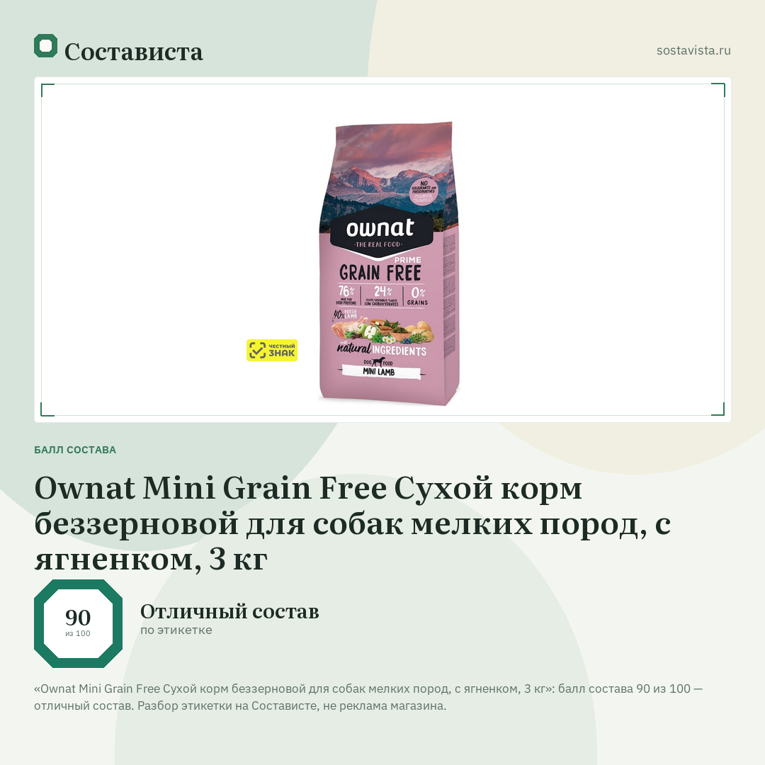 Ownat Mini Grain Free Сухой корм беззерновой для собак мелких пород, с ягненком, 3 кг: балл состава 90 из 100 — Состависта