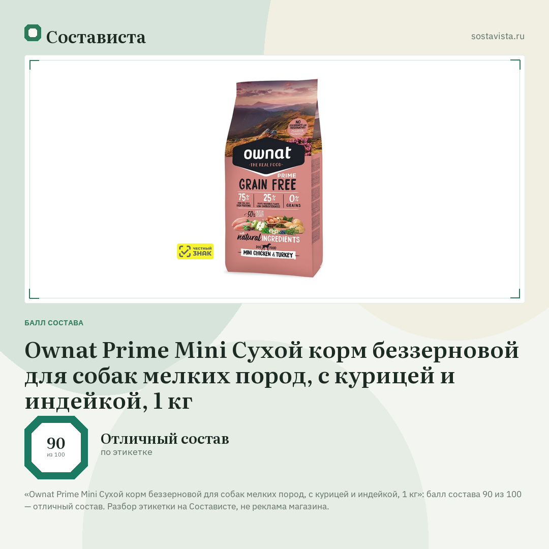 Ownat Prime Mini Сухой корм беззерновой для собак мелких пород, с курицей и индейкой, 1 кг: балл состава 90 из 100 — Состависта