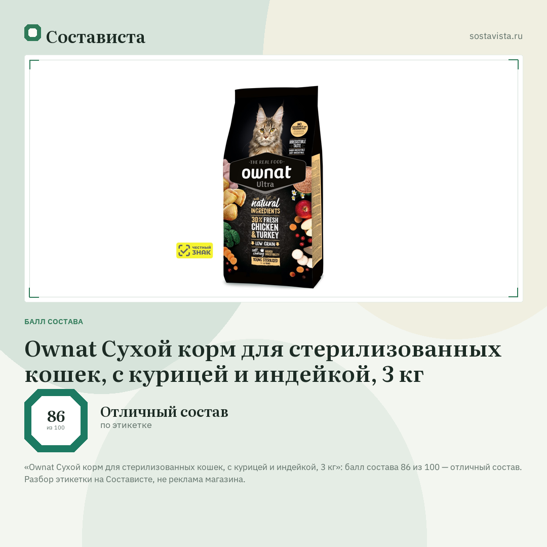 Ownat Сухой корм для стерилизованных кошек, с курицей и индейкой, 3 кг: балл состава 86 из 100 — Состависта