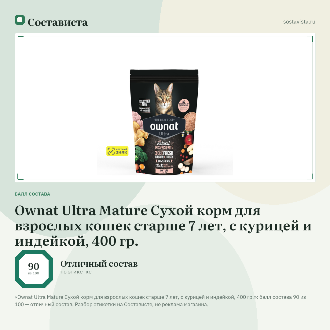 Ownat Ultra Mature Сухой корм для взрослых кошек старше 7 лет, с курицей и индейкой, 400 гр.: балл состава 90 из 100 — Состависта