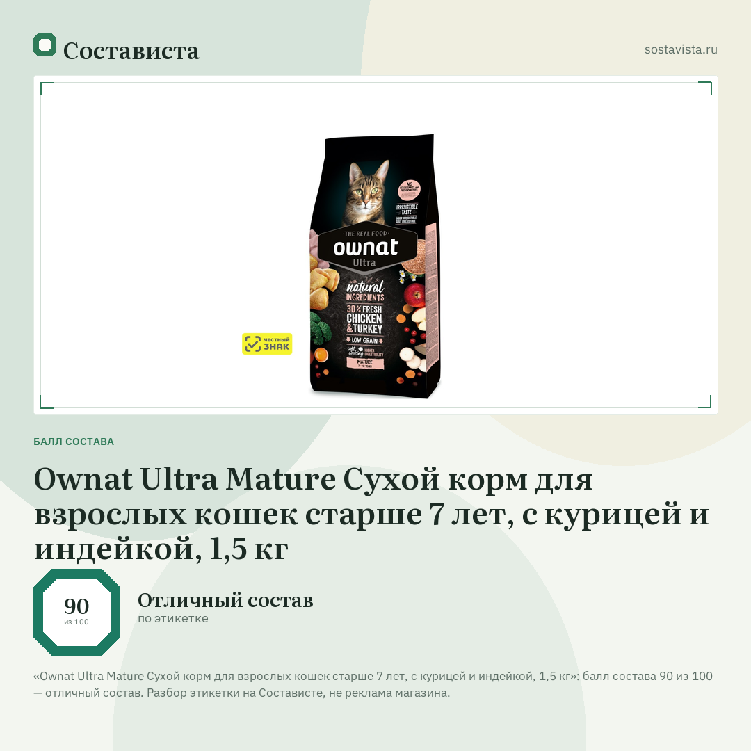 Ownat Ultra Mature Сухой корм для взрослых кошек старше 7 лет, с курицей и индейкой, 1,5 кг: балл состава 90 из 100 — Состависта