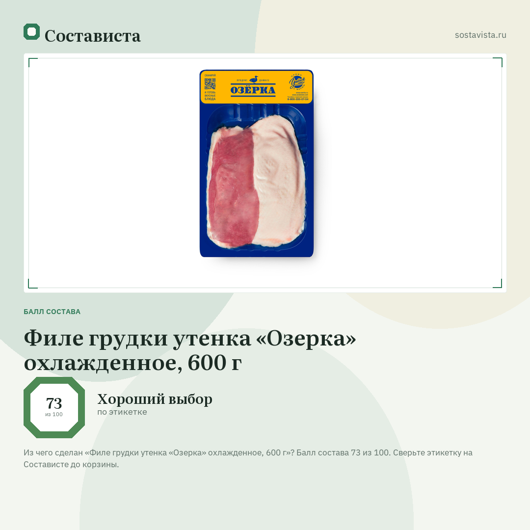 Филе грудки утенка «Озерка» охлажденное, 600 г: балл состава 73 из 100 — Состависта