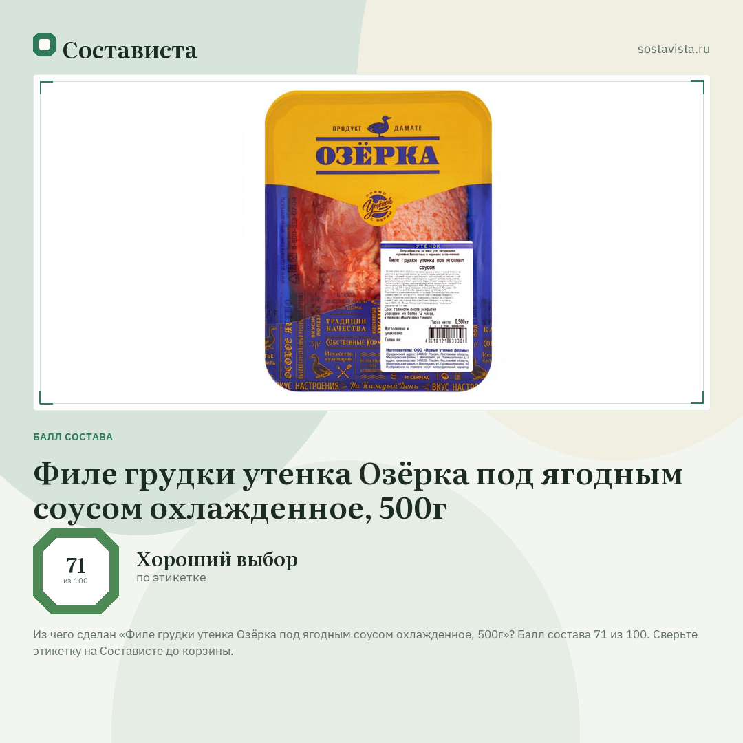 Филе грудки утенка Озёрка под ягодным соусом охлажденное, 500г: балл состава 71 из 100 — Состависта