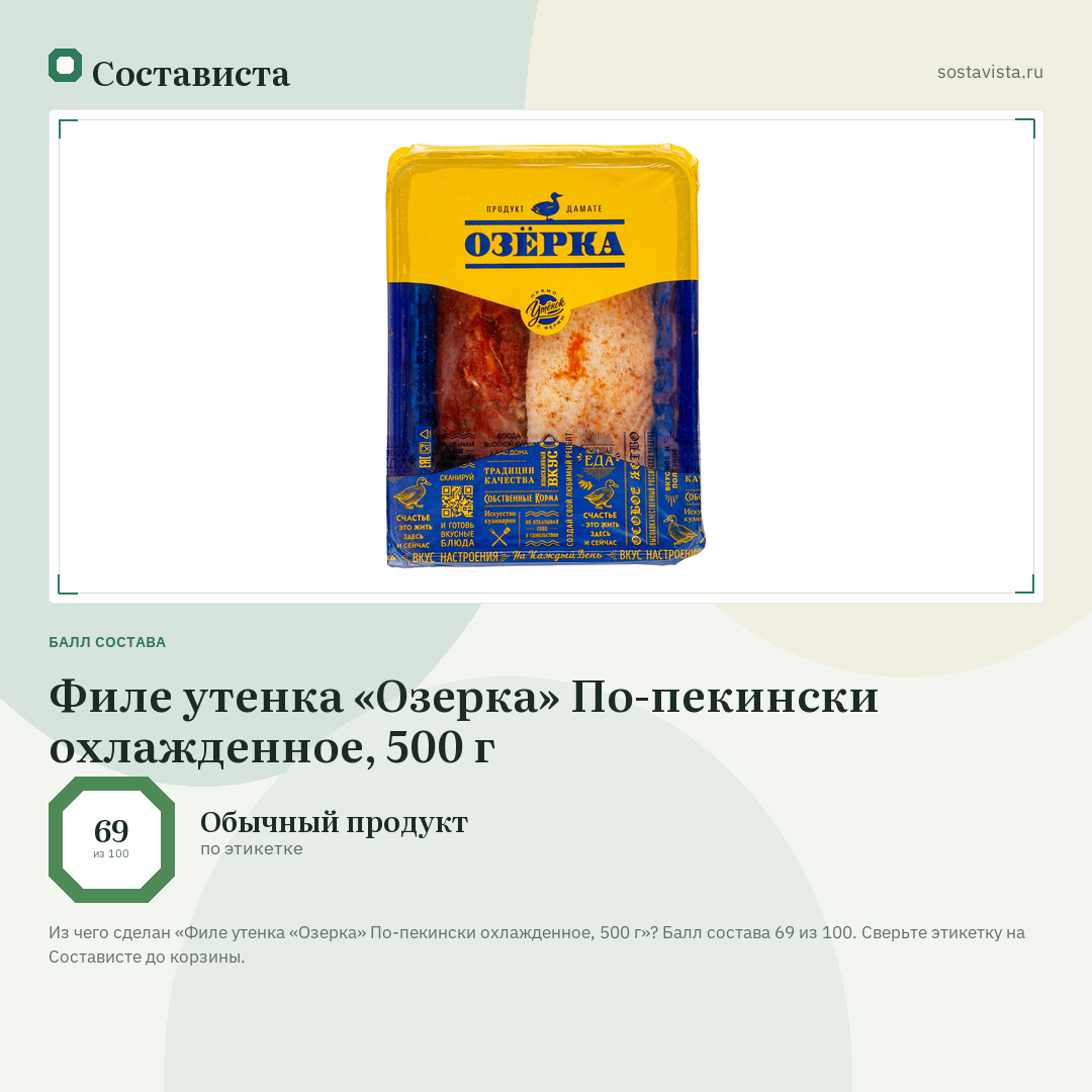 Филе утенка «Озерка» По-пекински охлажденное, 500 г: балл состава 69 из 100 — Состависта