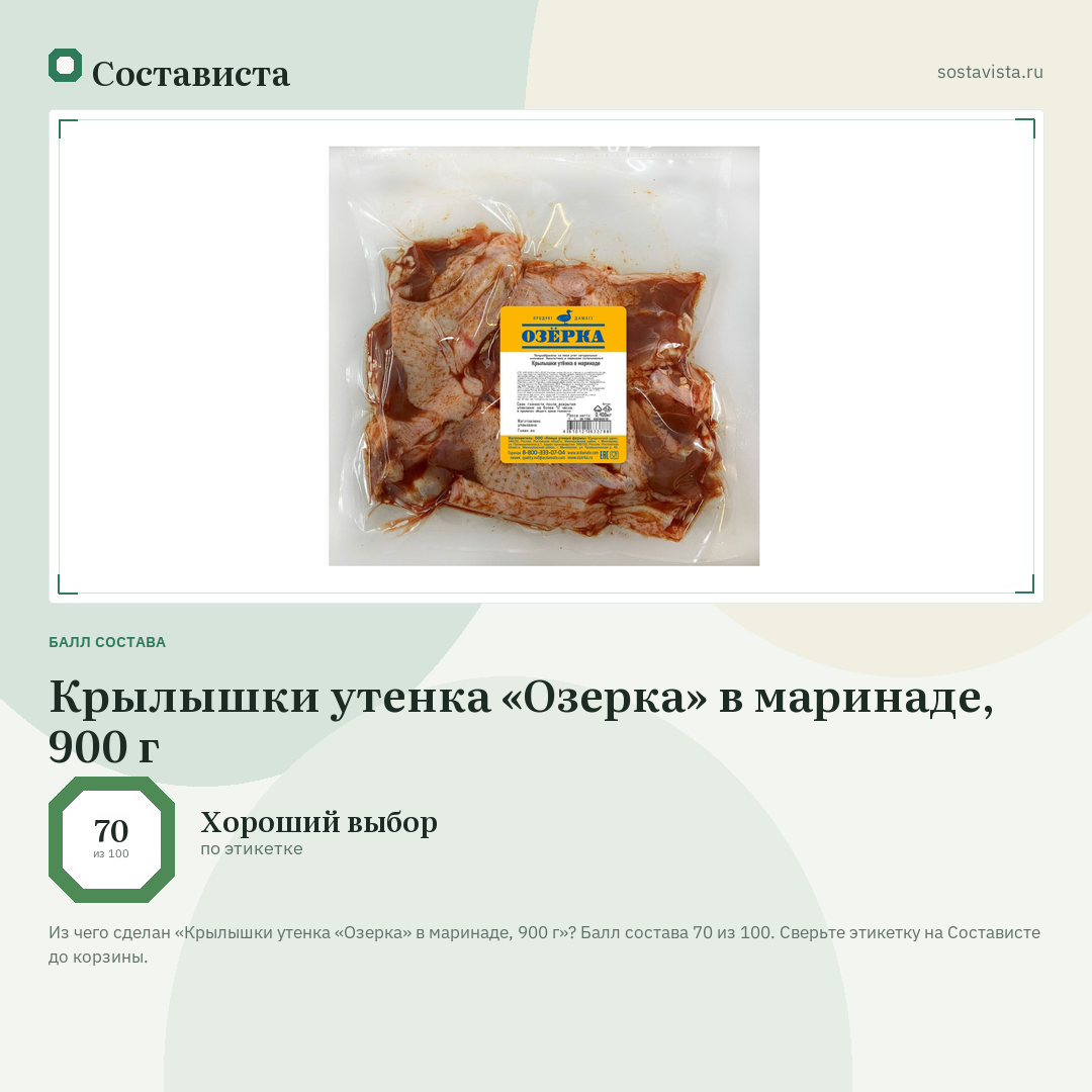 Крылышки утенка «Озерка» в маринаде, 900 г: балл состава 70 из 100 — Состависта
