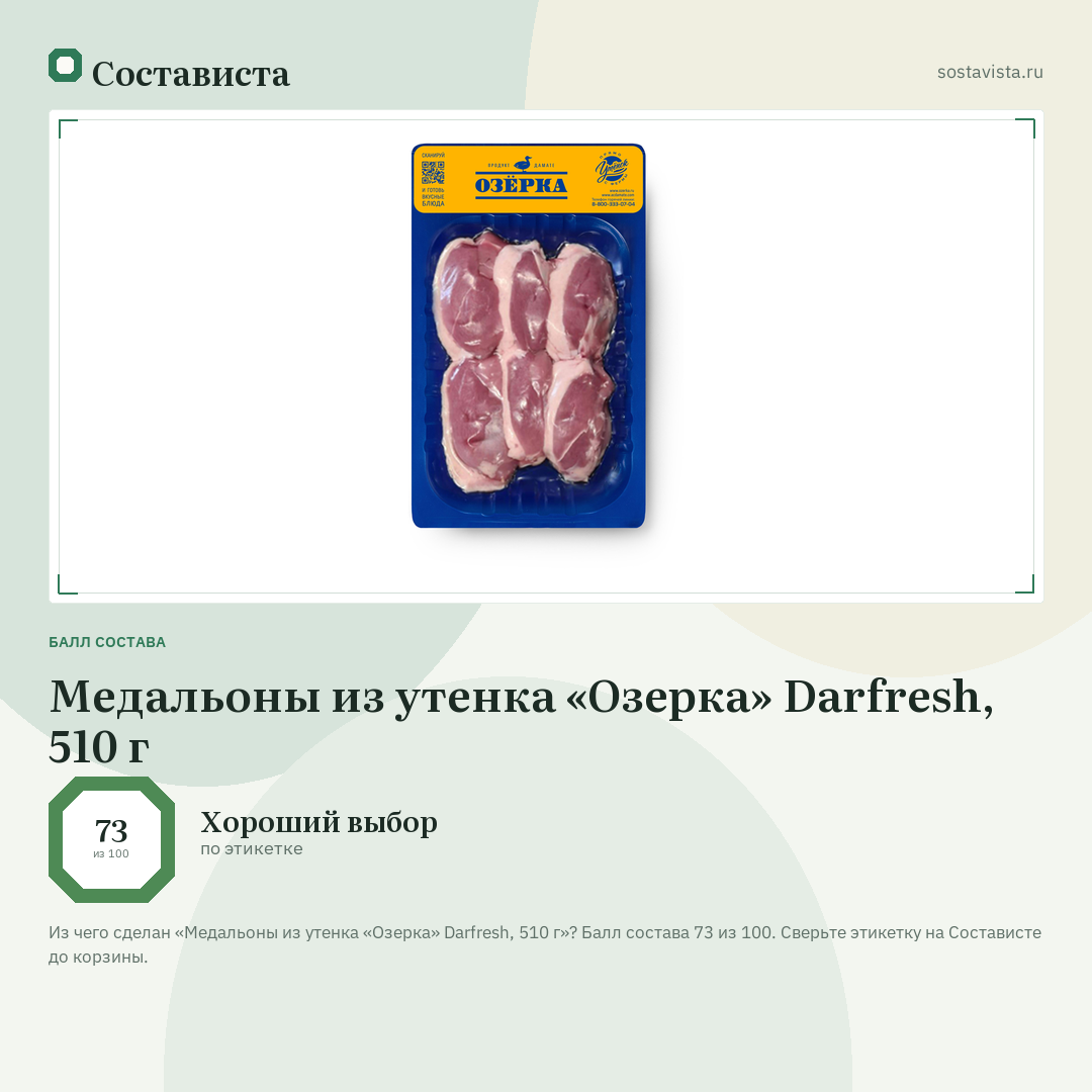 Медальоны из утенка «Озерка» Darfresh, 510 г: балл состава 73 из 100 — Состависта