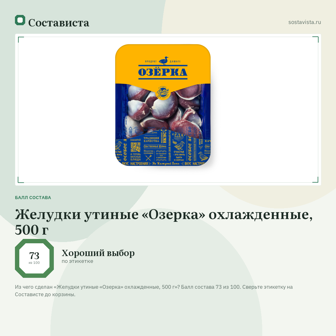 Желудки утиные «Озерка» охлажденные, 500 г: балл состава 73 из 100 — Состависта