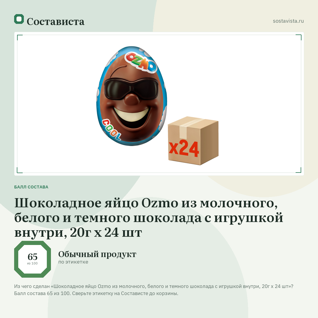 Шоколадное яйцо Ozmo из молочного, белого и темного шоколада с игрушкой внутри, 20г х 24 шт: балл состава 65 из 100 — Состависта