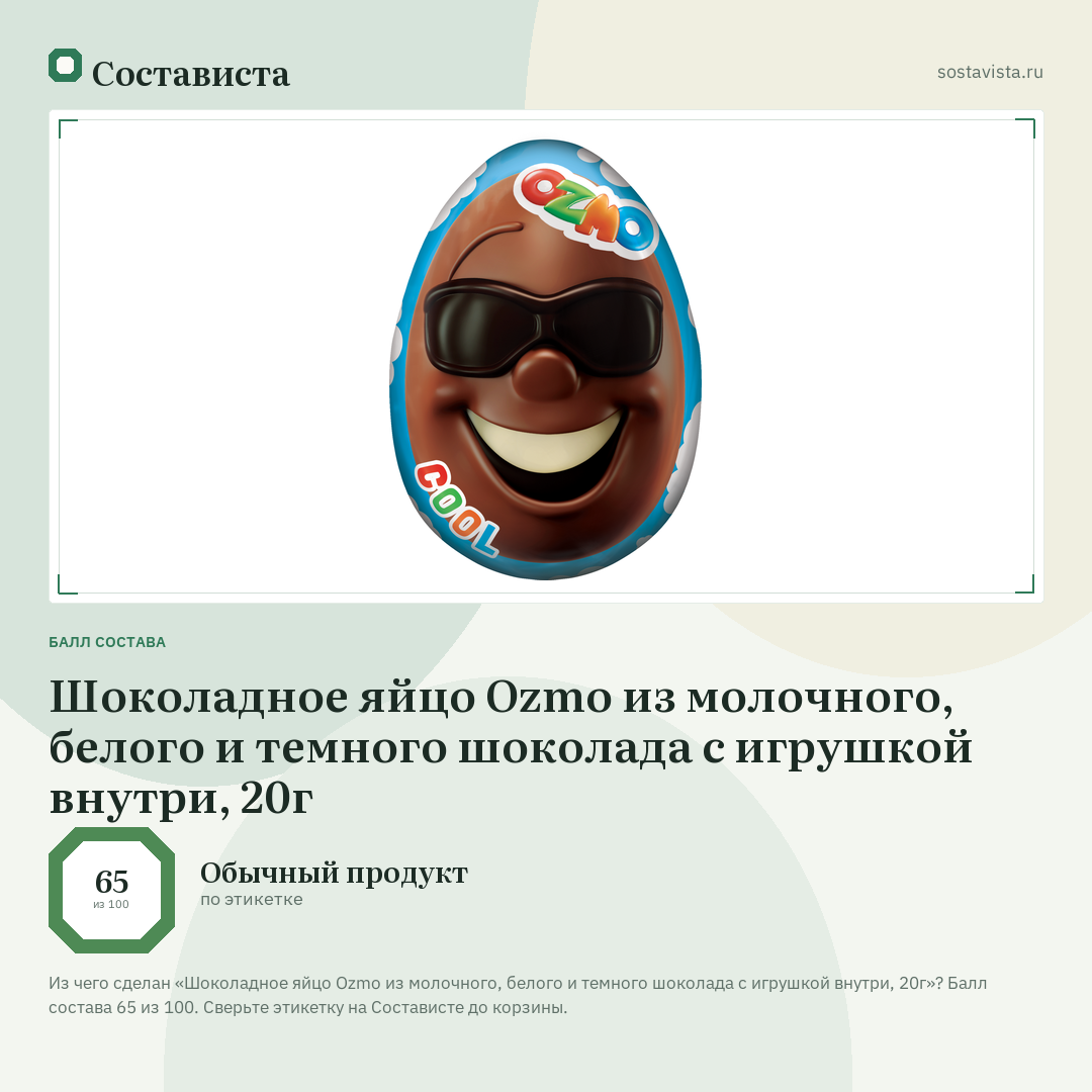 Шоколадное яйцо Ozmo из молочного, белого и темного шоколада с игрушкой внутри, 20г: балл состава 65 из 100 — Состависта