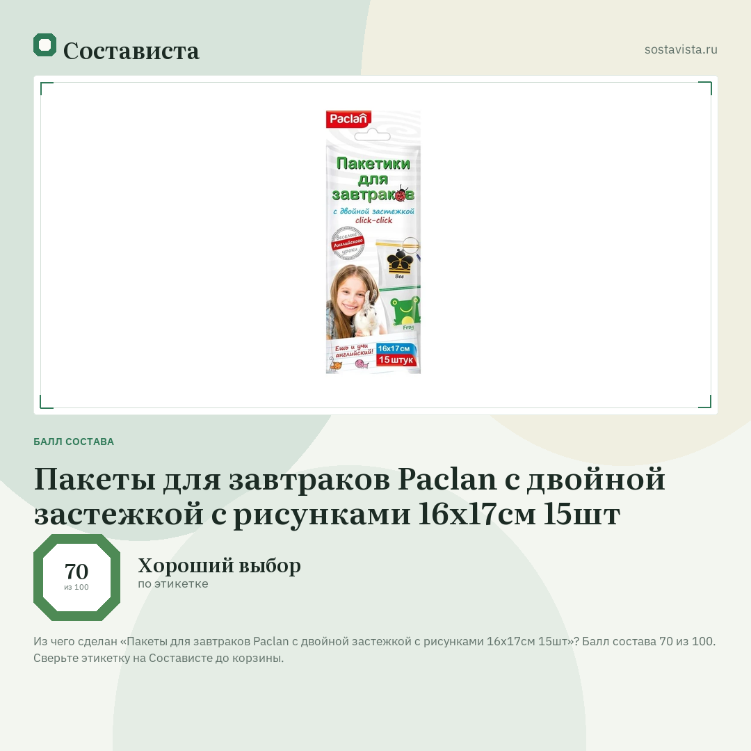 Пакеты для завтраков Paclan с двойной застежкой с рисунками 16х17см 15шт: балл состава 70 из 100 — Состависта