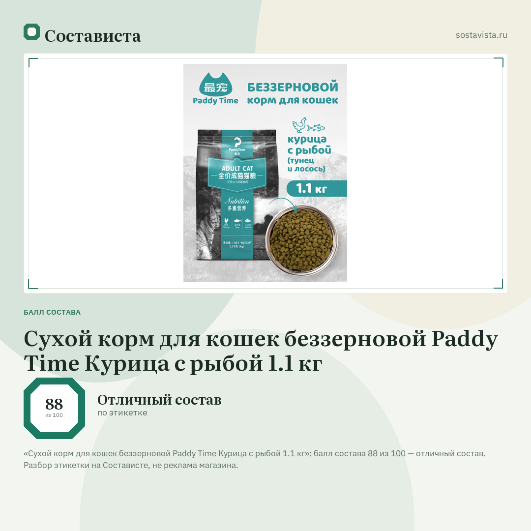 Сухой корм для кошек беззерновой Paddy Time Курица с рыбой 1.1 кг: балл состава 88 из 100 — Состависта