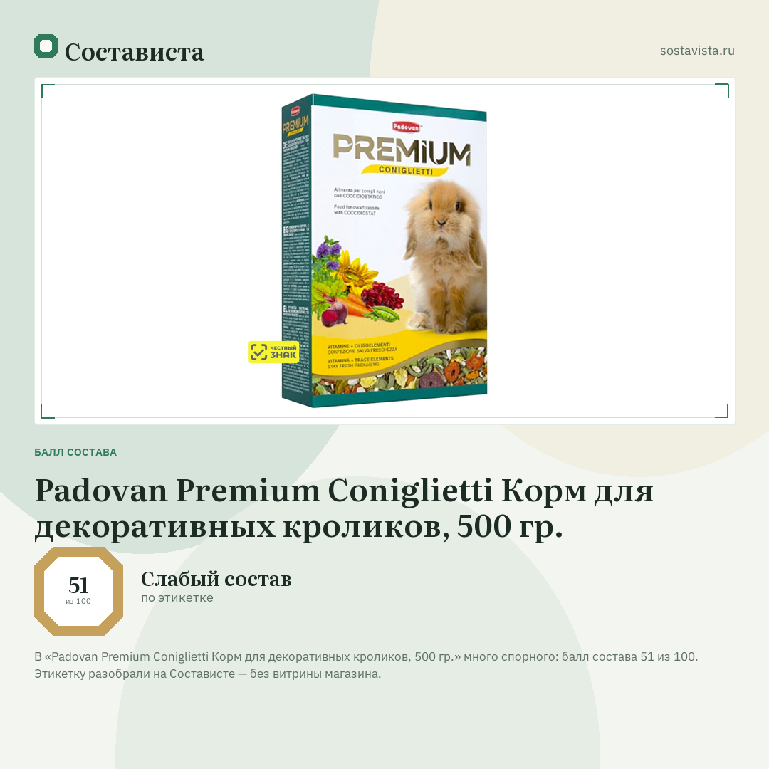 Padovan Premium Coniglietti Корм для декоративных кроликов, 500 гр.: балл состава 51 из 100 — Состависта