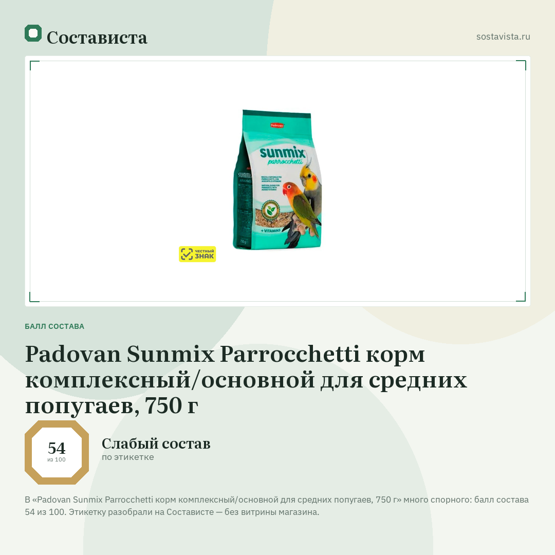 Padovan Sunmix Parrocchetti корм комплексный/основной для средних попугаев, 750 г: балл состава 54 из 100 — Состависта