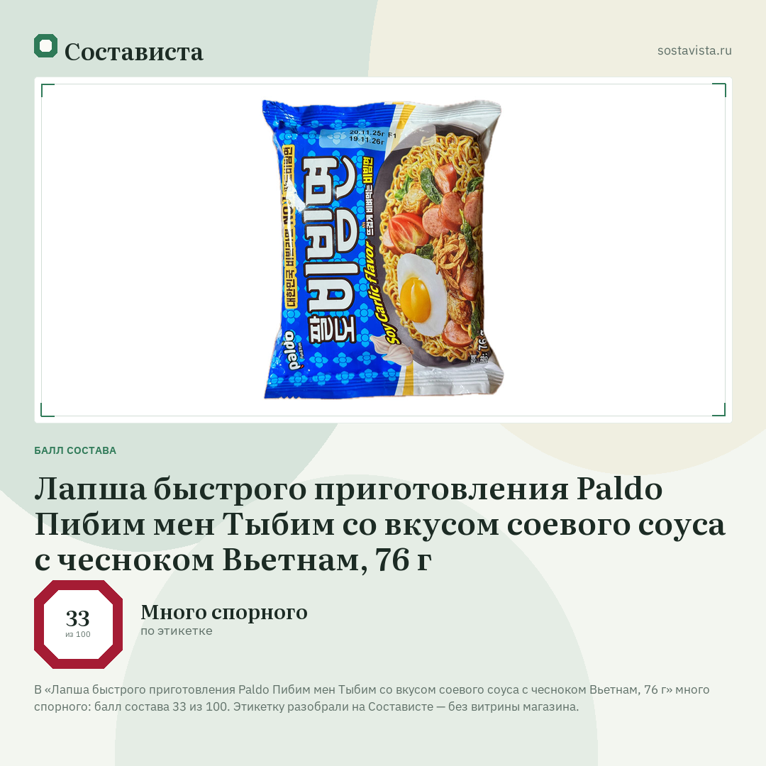 Лапша быстрого приготовления Paldo Пибим мен Тыбим со вкусом соевого соуса с чесноком Вьетнам, 76 г: балл состава 33 из 100 — Состависта
