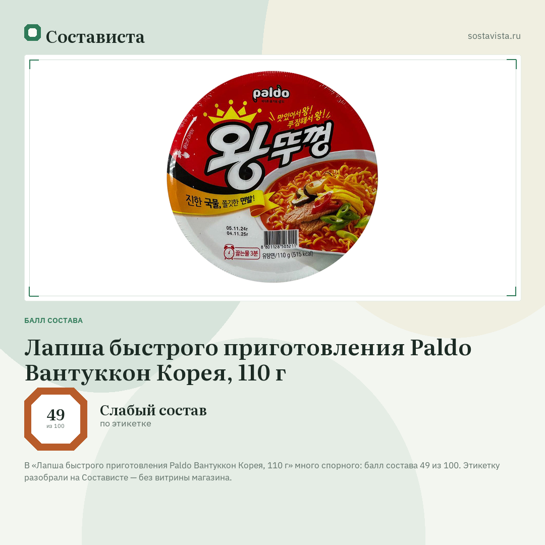 Лапша быстрого приготовления Paldo Вантуккон Корея, 110 г: балл состава 49 из 100 — Состависта