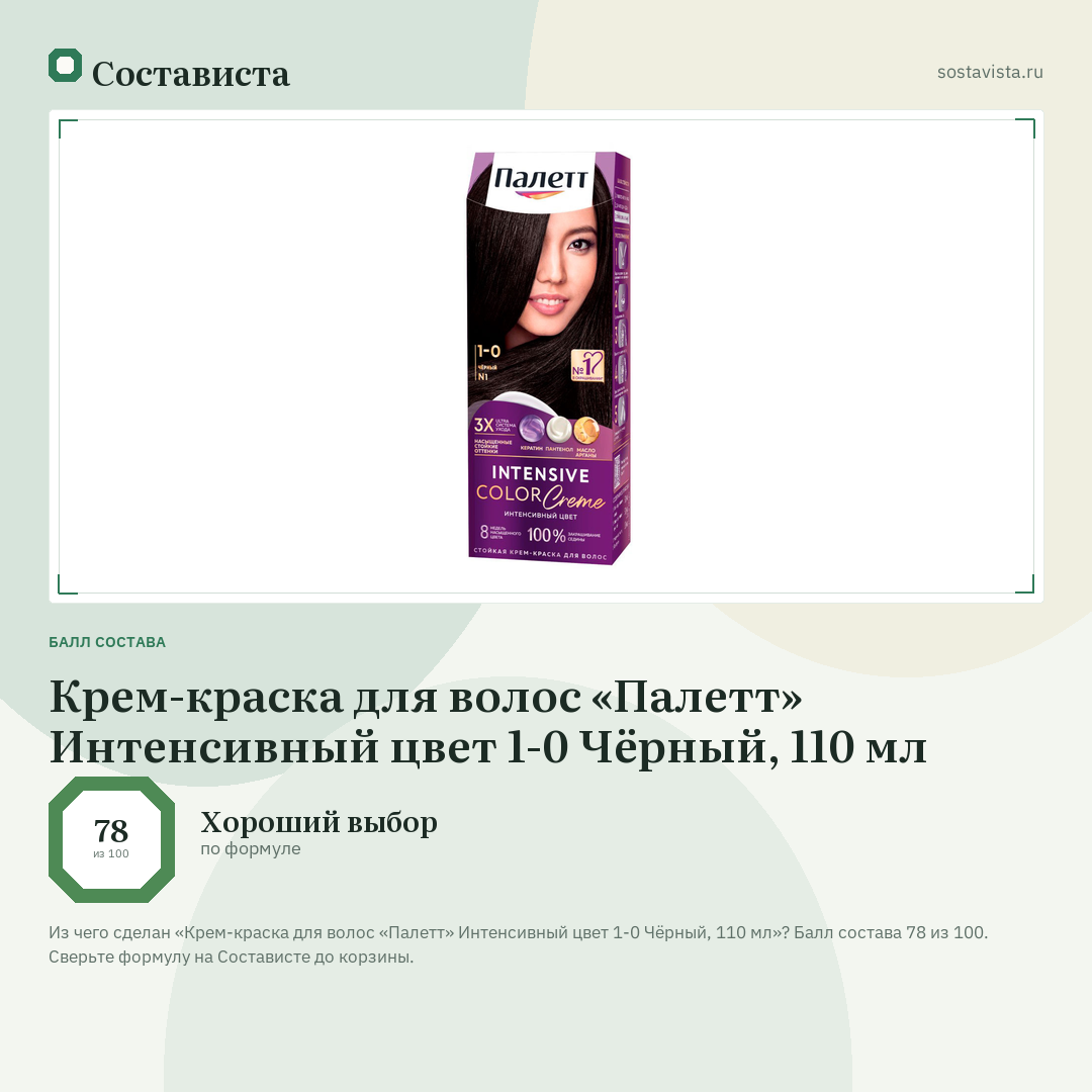 Крем-краска для волос «Палетт» Интенсивный цвет 1-0 Чёрный, 110 мл: балл состава 78 из 100 — Состависта