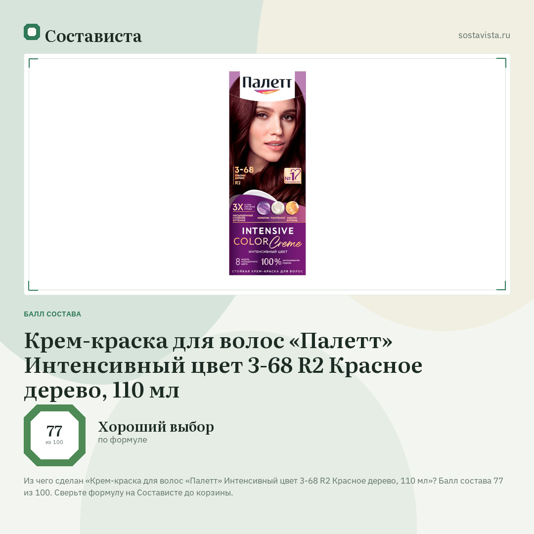 Крем-краска для волос «Палетт» Интенсивный цвет 3-68 R2 Красное дерево, 110 мл: балл состава 77 из 100 — Состависта