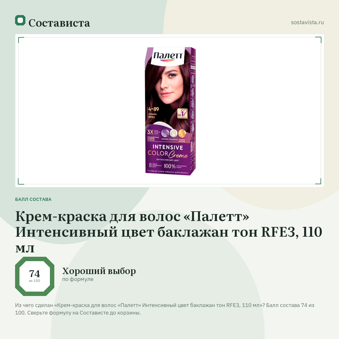 Крем-краска для волос «Палетт» Интенсивный цвет баклажан тон RFE3, 110 мл: балл состава 74 из 100 — Состависта