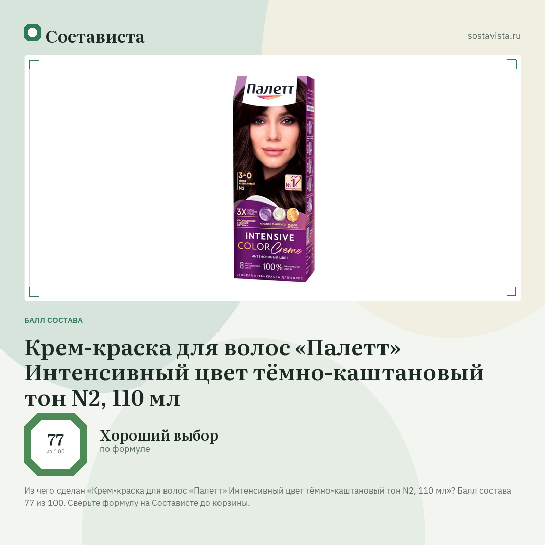Крем-краска для волос «Палетт» Интенсивный цвет тёмно-каштановый тон N2, 110 мл: балл состава 77 из 100 — Состависта