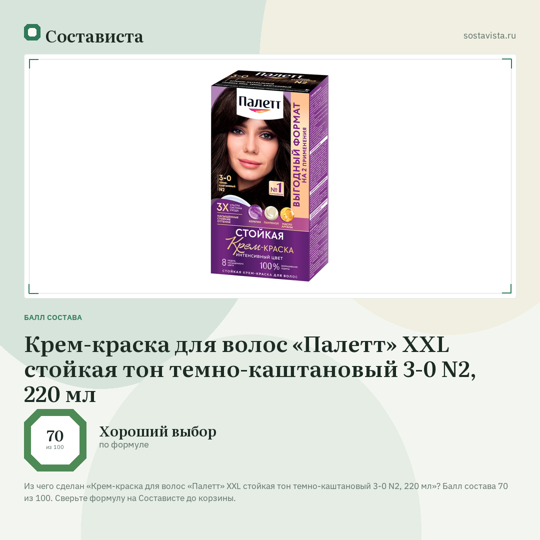 Крем-краска для волос «Палетт» XXL стойкая тон темно-каштановый 3-0 N2, 220 мл: балл состава 70 из 100 — Состависта