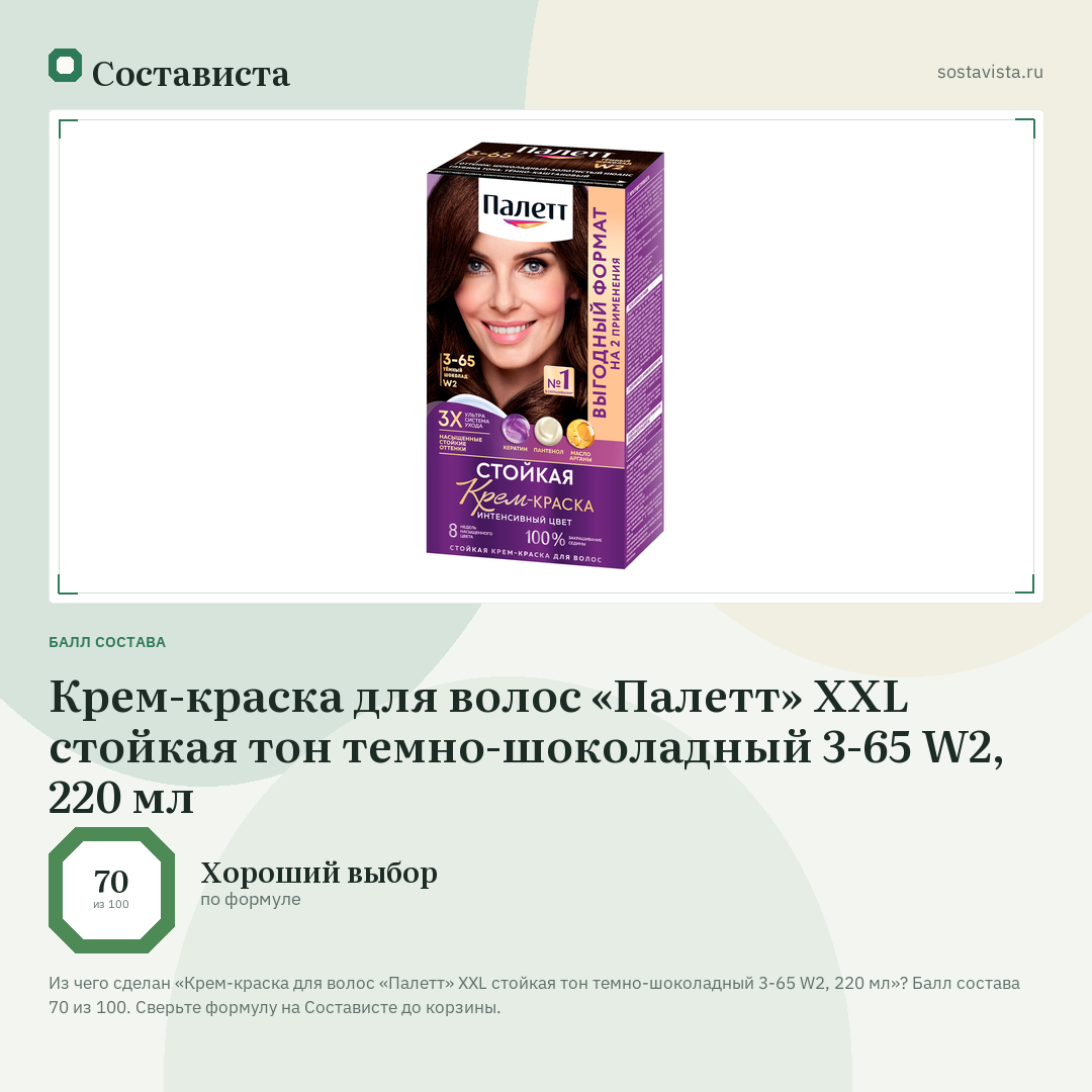 Крем-краска для волос «Палетт» XXL стойкая тон темно-шоколадный 3-65 W2, 220 мл: балл состава 70 из 100 — Состависта