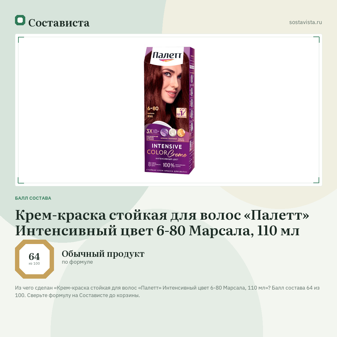 Крем-краска стойкая для волос «Палетт» Интенсивный цвет 6-80 Марсала, 110 мл: балл состава 64 из 100 — Состависта