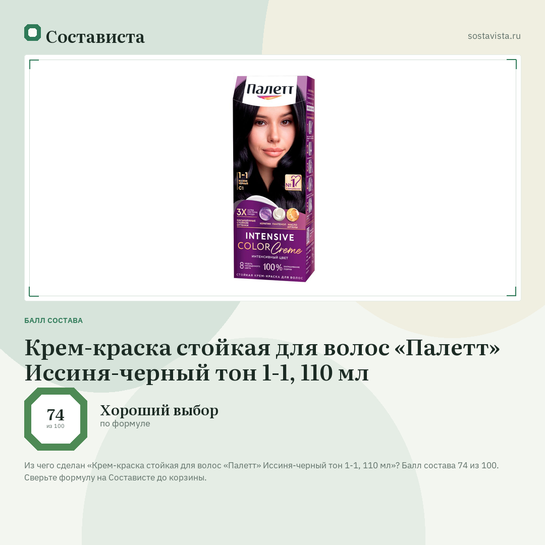 Крем-краска стойкая для волос «Палетт» Иссиня-черный тон 1-1, 110 мл: балл состава 74 из 100 — Состависта