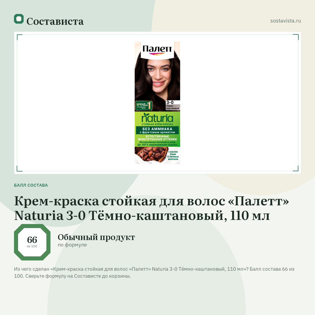 Крем-краска стойкая для волос «Палетт» Naturia 3-0 Тёмно-каштановый, 110 мл: балл состава 66 из 100 — Состависта