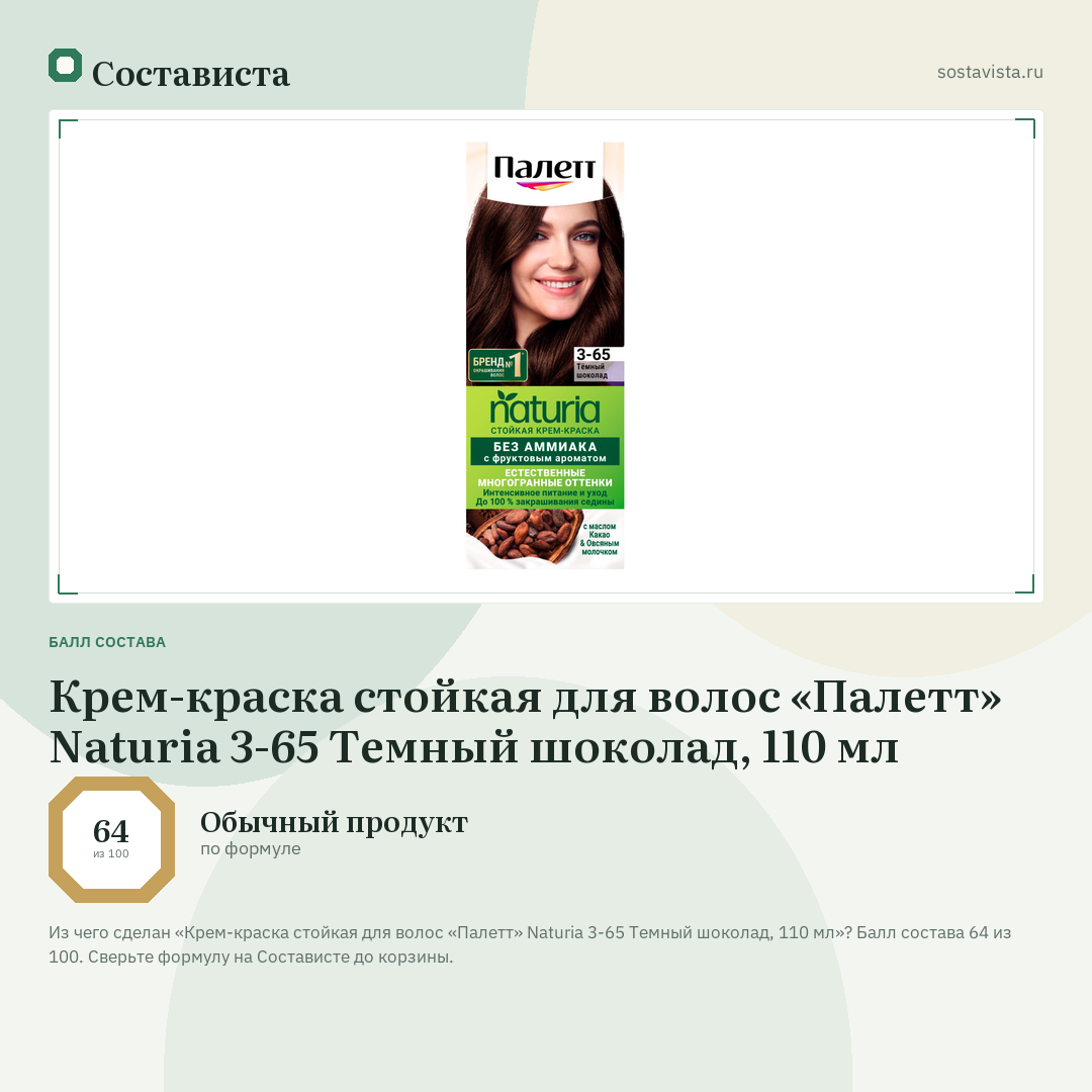 Крем-краска стойкая для волос «Палетт» Naturia 3-65 Темный шоколад, 110 мл: балл состава 64 из 100 — Состависта