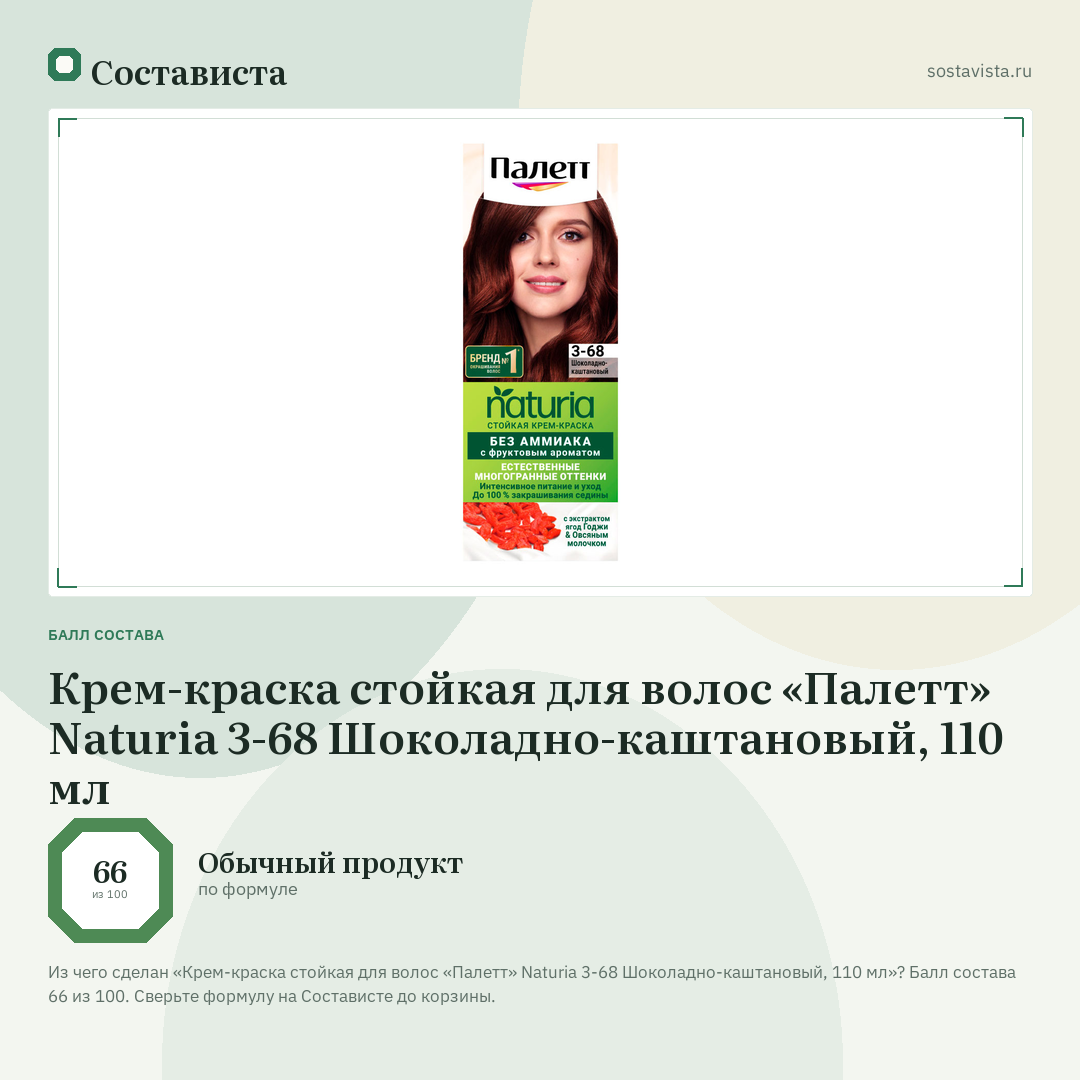 Крем-краска стойкая для волос «Палетт» Naturia 3-68 Шоколадно-каштановый, 110 мл: балл состава 66 из 100 — Состависта