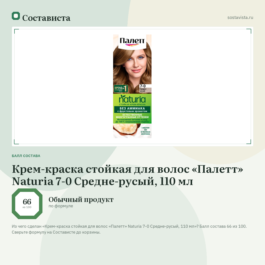 Крем-краска стойкая для волос «Палетт» Naturia 7-0 Средне-русый, 110 мл: балл состава 66 из 100 — Состависта