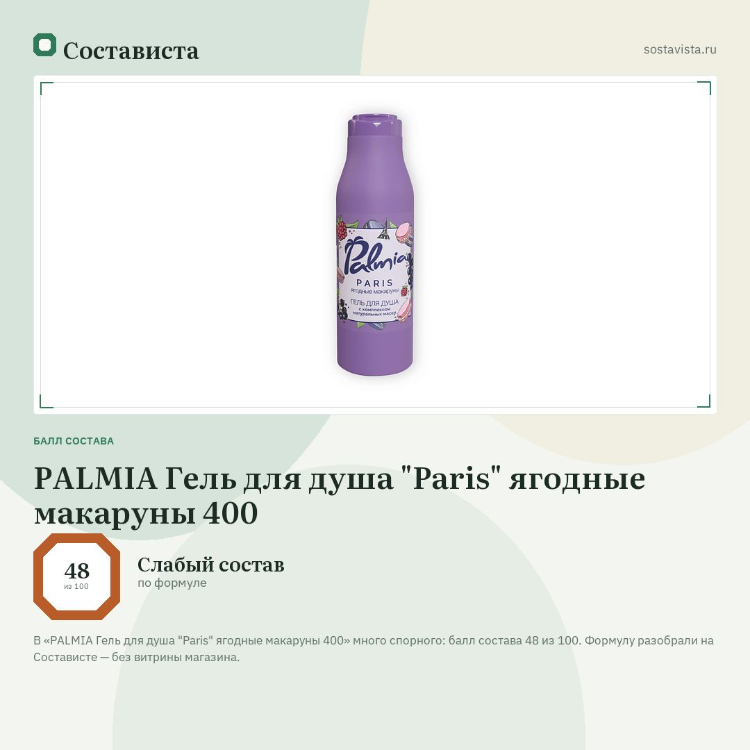 PALMIA Гель для душа "Paris" ягодные макаруны 400: балл состава 48 из 100 — Состависта